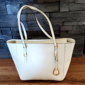 Ralph Lauren Saffiano Leather Bennington Med Shopper Tote, Vanilla/Gold EUC